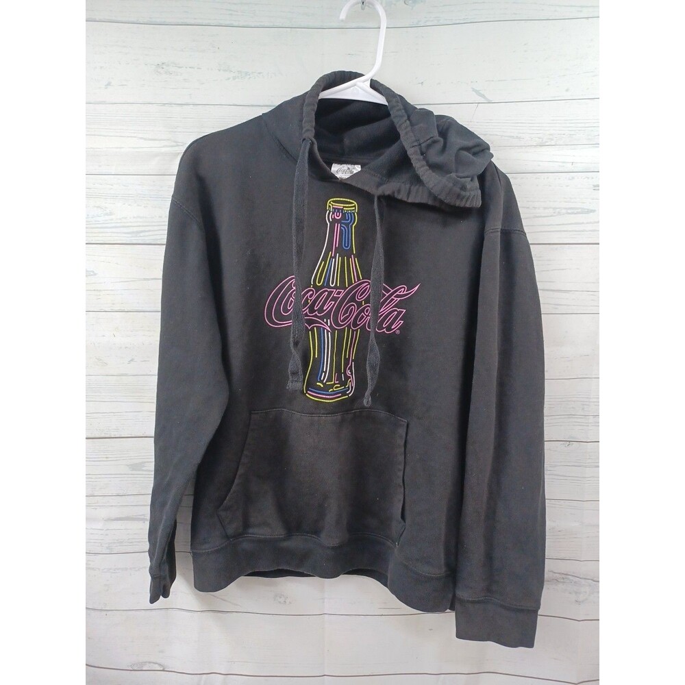 Coca-Cola Hoodie Junior Womens Sz L 11-13 Black Neon Coke Sweatshirt Top